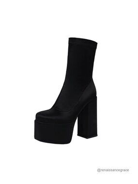 Women's Platform Ankle Boots High Chunky Heel Mid-Calf Boots